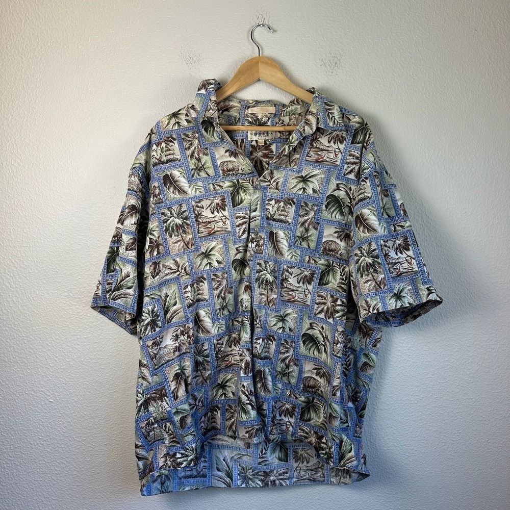 Cambra Moda Button Down Mens XXL Blue Excellent Tropical Palm Tree Island Shirt